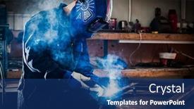  Presentation with worker - Presentation theme enhanced with worker-grinding-a-metal-plate background and a ocean colored foreground