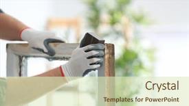  Presentation with window frame - Colorful presentation theme enhanced with worker grinding surface of old backdrop and a soft green colored foreground