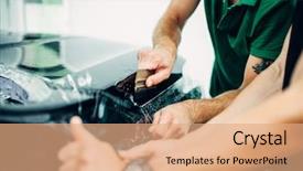  Presentation with worker - Beautiful presentation theme featuring worker hands wraps car hood backdrop and a coral colored foreground