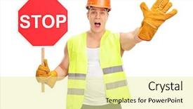  Presentation with safety construction worker in construction - Colorful slide set enhanced with worker holding a stop sign backdrop and a blonde colored foreground