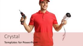  Presentation with surveillance - PPT theme consisting of worker-holding-a-surveillance-camera background and a red colored foreground