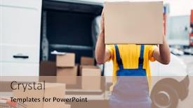  Presentation with box carton - Colorful PPT layouts enhanced with worker holds carton box distribution business backdrop and a coral colored foreground