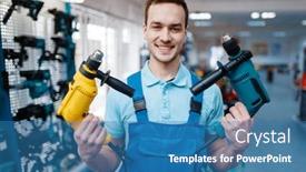  Presentation with electric - Amazing presentation theme having worker-holds-two-electric-drills backdrop and a teal colored foreground