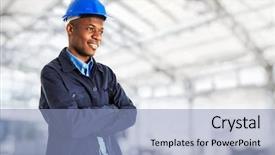  Presentation with funny work environment - Slide deck having worker in a bright environment background and a light blue colored foreground