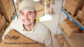  Presentation with classic bussines - Presentation theme enhanced with worker in a classic warehouse background and a coral colored foreground