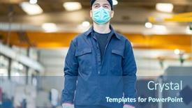  Presentation with covid coronavirus - PPT layouts featuring worker-in-a-factory-wearing background and a ocean colored foreground