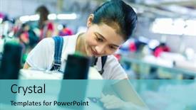 Presentation with factory machine - PPT theme featuring a indonesian factory sewing background and a teal colored foreground