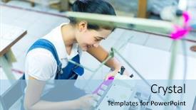  Presentation with factory machine - Amazing slide set having asian seamstress or worker in a indonesian factory sewing with a industrial sewing machine she is very accurate backdrop and a light blue colored foreground