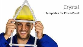  Presentation with build - Beautiful presentation theme featuring worker in an industrial enterprise with helmet wants to build a house backdrop and a white colored foreground