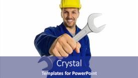  Presentation with hand tools - Audience pleasing presentation theme consisting of worker in an industrial enterprise with tools in hand backdrop and a navy blue colored foreground