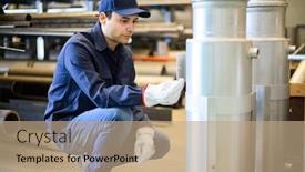  Presentation with measuring - Theme featuring worker-in-an-industrial-plant background and a coral colored foreground