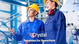  Presentation with manufacturing plant - PPT theme enhanced with worker in asian manufacturing plant background and a cobalt blue colored foreground