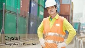  Presentation with container terminal - Slide deck enhanced with worker in front of container background and a coral colored foreground