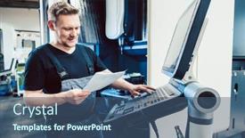  Presentation with cnc machine - Theme with worker-in-industrial-workshop-programming background and a ocean colored foreground