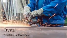  Presentation with factory - Presentation theme featuring worker in metal factory grinding background and a coral colored foreground