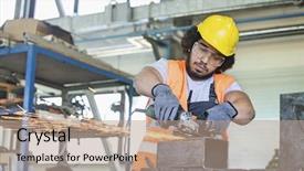  Presentation with industry - PPT theme featuring worker in protective workwear cutting background and a coral colored foreground