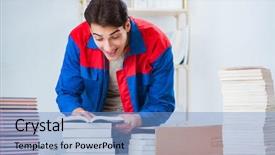  Presentation with book - Amazing slide set having worker in publishing house preparing backdrop and a  colored foreground