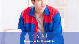  Presentation with book - Beautiful PPT theme featuring worker-in-publishing-house-preparing backdrop and a cobalt blue colored foreground