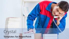  Presentation with worker - Amazing PPT theme having worker-in-publishing-house-preparing backdrop and a teal colored foreground