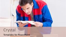  Presentation with worker - Amazing presentation theme having worker-in-publishing-house-preparing backdrop and a coral colored foreground