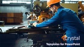  Presentation with lathe - Slide set with worker-in-uniform-and-helmet background and a navy blue colored foreground
