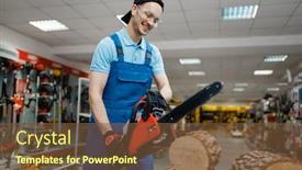  Presentation with chainsaw - Audience pleasing slide set consisting of worker-in-uniform-testing-chainsaw backdrop and a tawny brown colored foreground