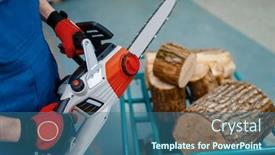  Presentation with chainsaw - Presentation design consisting of worker-in-uniform-testing-chainsaw background and a ocean colored foreground