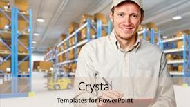  Presentation with vibration work place - PPT layouts consisting of worker in warehouse work place background and a soft green colored foreground