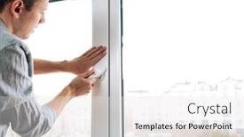  Presentation with house window - Amazing slide set having worker-installing-and-checking-window backdrop and a white colored foreground