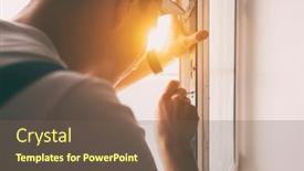  Presentation with house window - Presentation theme featuring worker-installing-and-checking-window background and a violet colored foreground