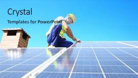  Presentation with solar panels - Slides featuring worker installing solar panels outdoors background and a light blue colored foreground
