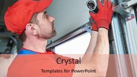  Presentation with video surveillance - Beautiful PPT theme featuring worker installing video surveillance camera backdrop and a coral colored foreground