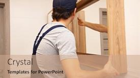  Presentation with mirror - PPT theme with worker-installs-the-mirror background and a coral colored foreground