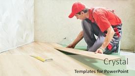  Presentation with home renovation - Beautiful slide set featuring worker laying laminate floor covering at home renovation backdrop and a lemonade colored foreground