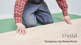  Presentation with home renovation - Amazing PPT layouts having worker-laying-laminate-floor-covering backdrop and a lemonade colored foreground