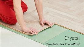  Presentation with eco friendly home renovation - Beautiful presentation design featuring worker-laying-laminate-floor-covering backdrop and a mint green colored foreground