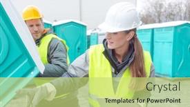  Presentation with loading - Audience pleasing presentation theme consisting of worker-loading-portable-toilets backdrop and a yellow colored foreground