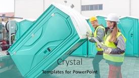  Presentation with loading - Cool new PPT theme with worker-loading-portable-toilets backdrop and a teal colored foreground