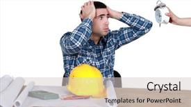  Presentation with stressed - Audience pleasing PPT layouts consisting of worker looking at a clock backdrop and a light gray colored foreground