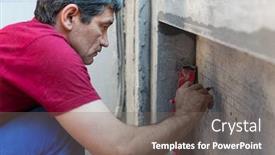  Presentation with rough - Beautiful PPT theme featuring worker makes the calculations in a niche for radiators in apartment with a rough finish backdrop and a gray colored foreground