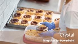  Presentation with atmosphere - Amazing PPT theme having worker-making-delicious-donuts backdrop and a coral colored foreground
