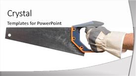  Presentation with hand tools - Slide set consisting of worker man hand holding saw background and a white colored foreground