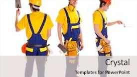  Presentation with worker - PPT theme enhanced with worker man over white background background and a  colored foreground