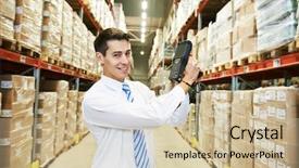  Presentation with scanner - PPT layouts having worker man with warehouse barcode background and a soft green colored foreground