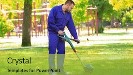  Presentation with grass - Presentation design consisting of worker mowing lawn with grass background and a yellow colored foreground