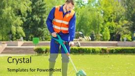  Presentation with outdoor worker safety - Slide deck with worker mowing lawn with grass background and a yellow colored foreground