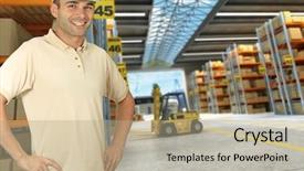  Presentation with distribution - Presentation theme with worker on a distribution warehouse background and a mint green colored foreground
