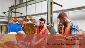  Presentation with heavy load - Amazing presentation design having worker-operates-a-crane-control backdrop and a red colored foreground