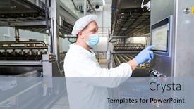  Presentation with factory machine - Slides having worker operates forming machine at cheese food production factory background and a light blue colored foreground