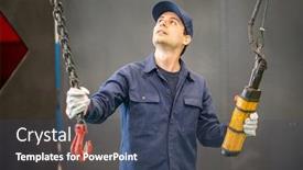  Presentation with crane - Presentation design with worker-operating-a-crane background and a ocean colored foreground